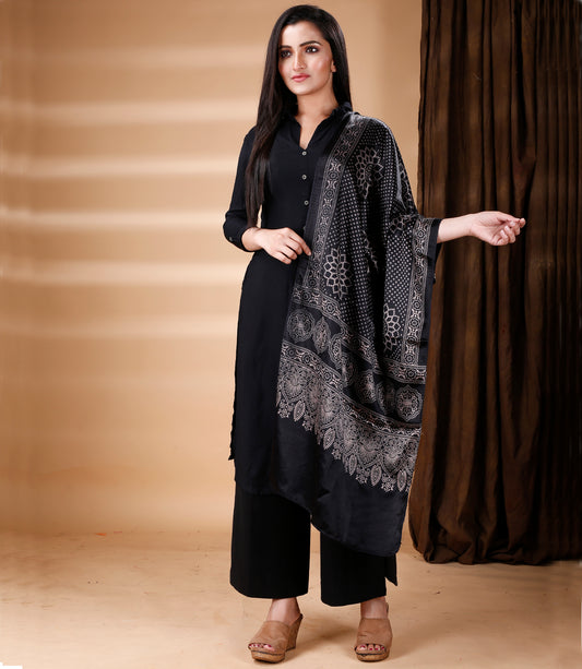 Ajrakh Print Modal Silk Stole From Bengal - Black