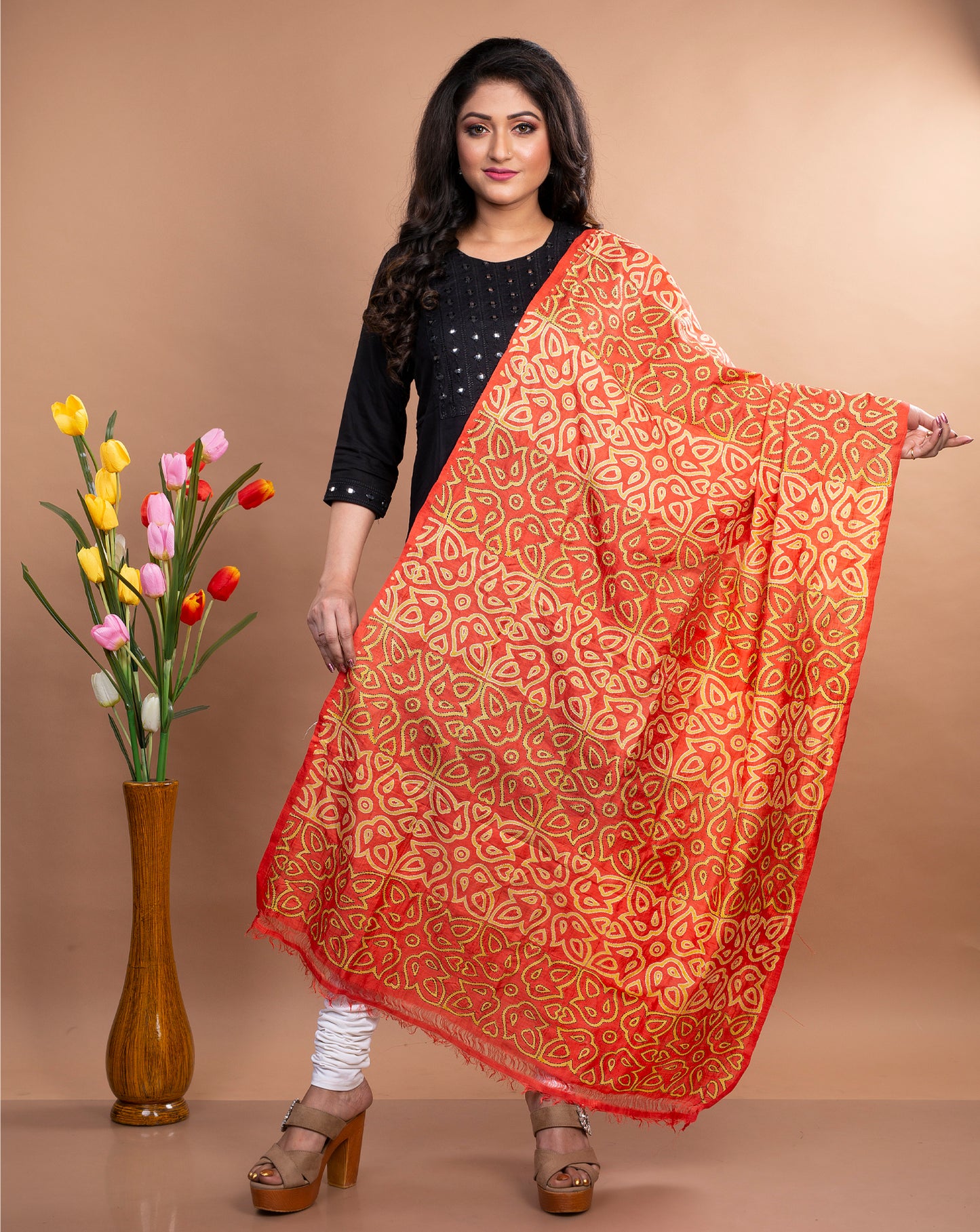 Kantha Stitched Dupatta on Silk Print Base - Red and Yellow