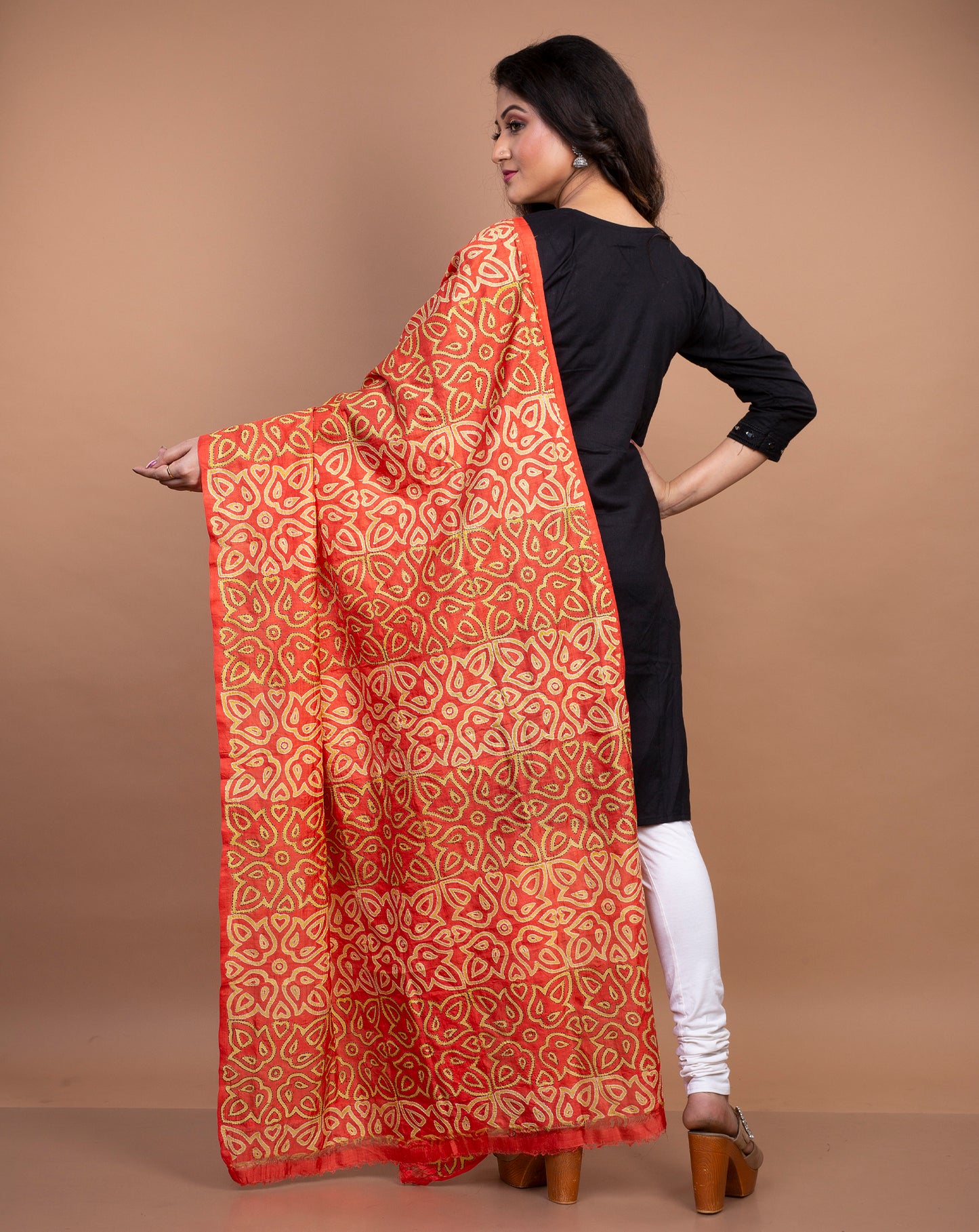 Kantha Stitched Dupatta on Silk Print Base - Red and Yellow