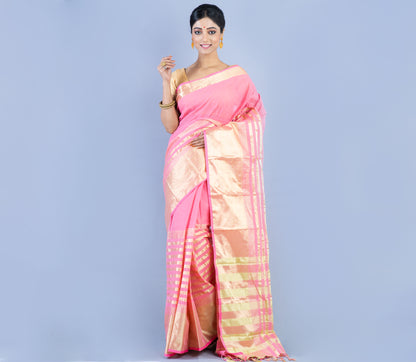 Handloom Tant Saree - Golden Zari on Pink - ArtisanSoul