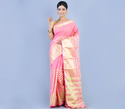 Handloom Tant Saree - Golden Zari on Pink - ArtisanSoul