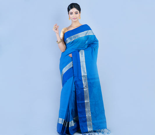 Tant Saree - Azure Blue With Blue Par - ArtisanSoul