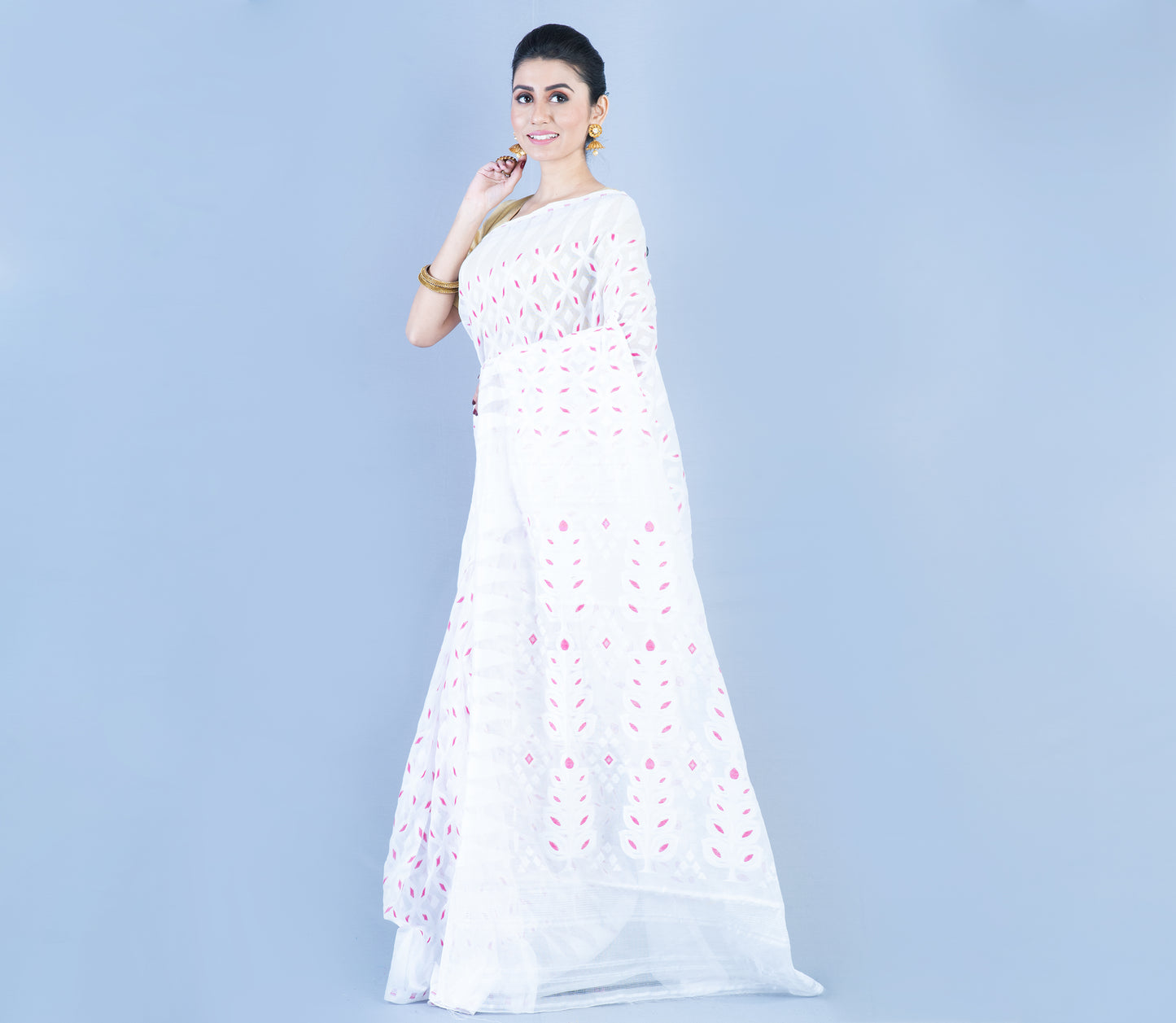 Handloom Jamdani Saree - White - ArtisanSoul