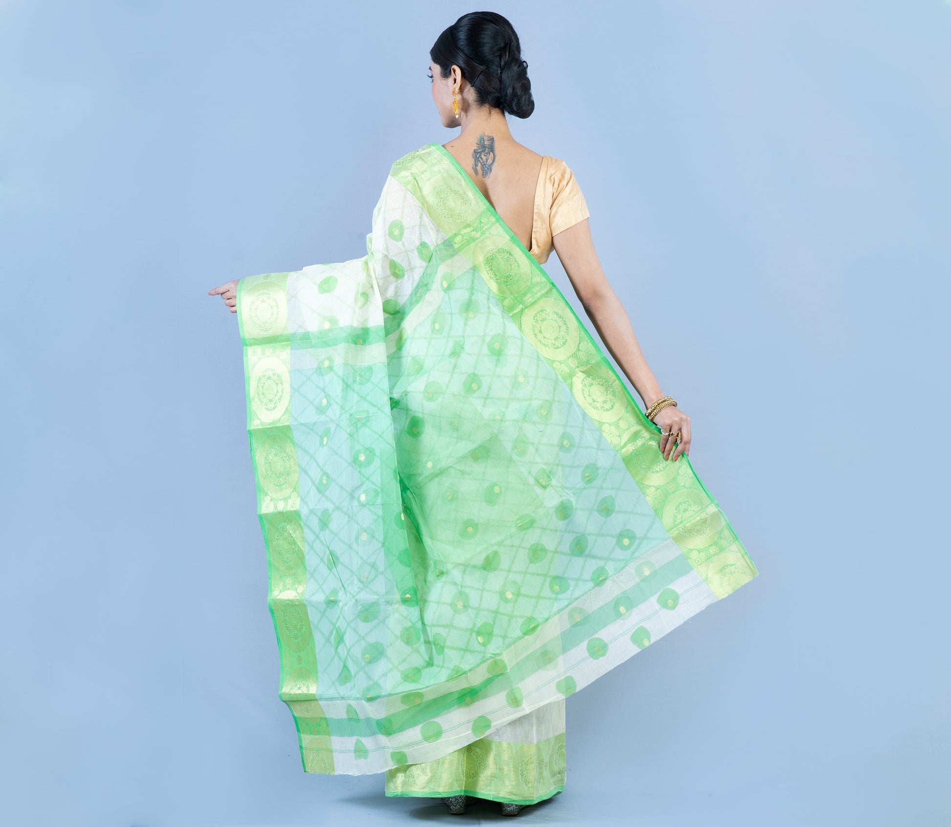 Tant Saree - White & Green - ArtisanSoul