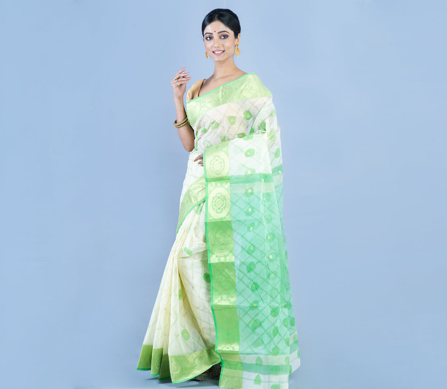Tant Saree - White & Green - ArtisanSoul