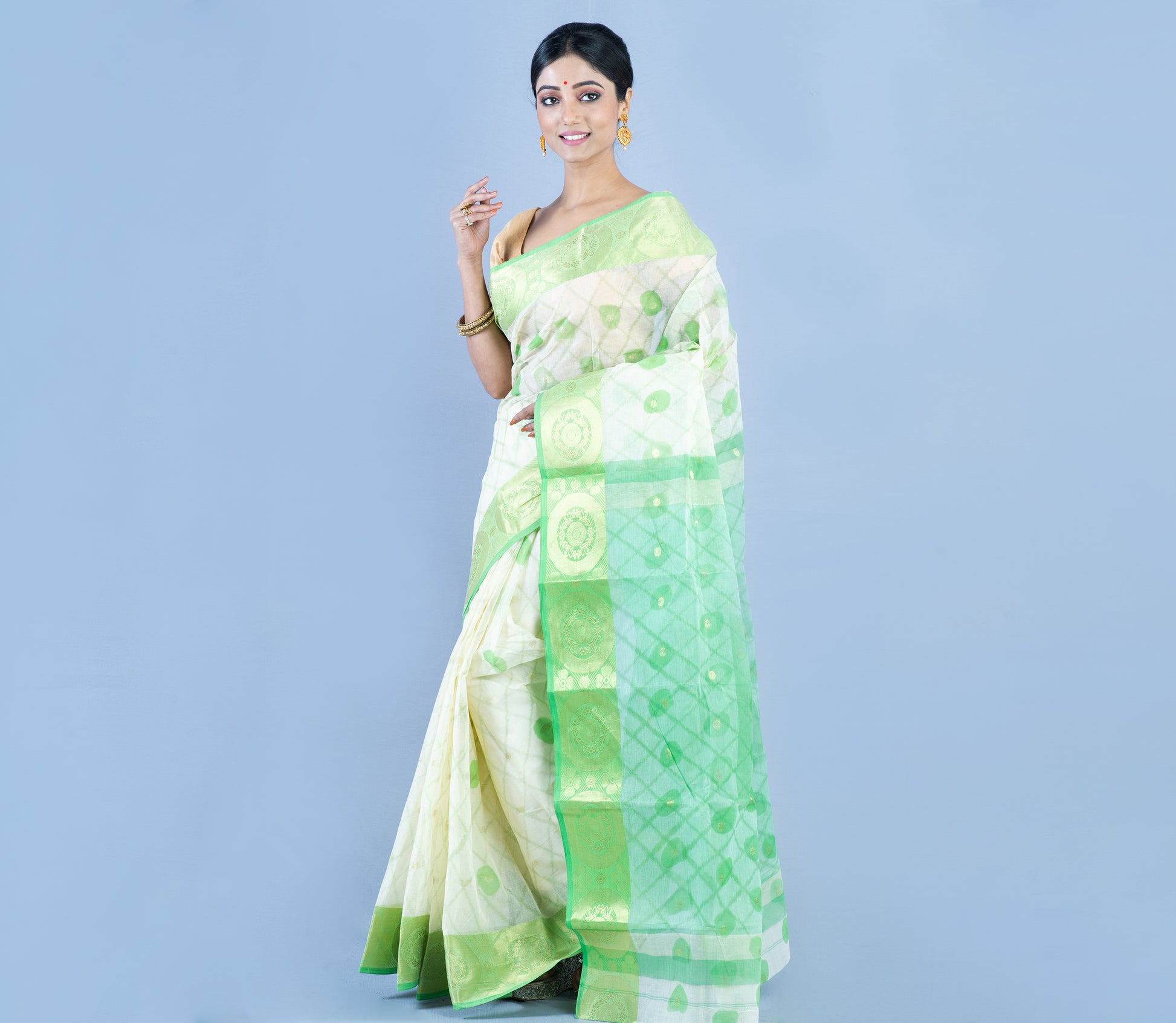 Tant Saree - White & Green - ArtisanSoul