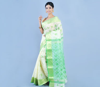 Tant Saree - White & Green - ArtisanSoul