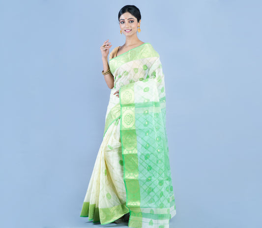 Tant Saree - White & Green - ArtisanSoul