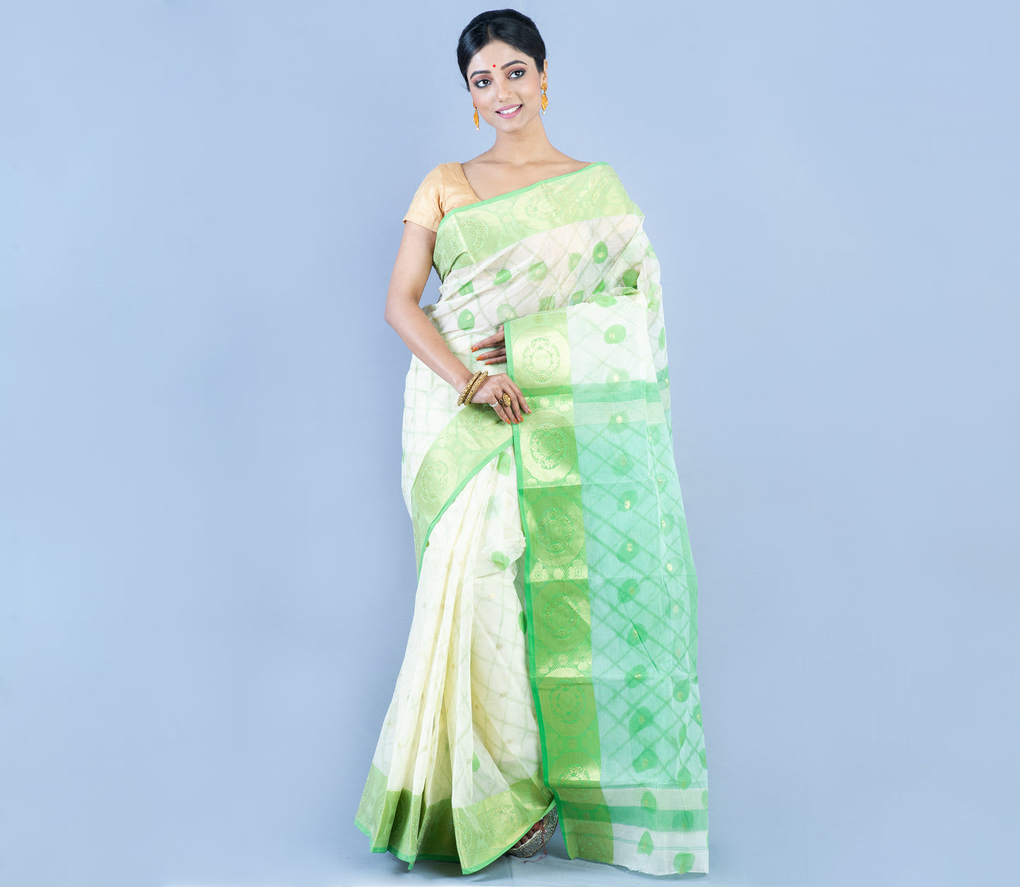 Tant Saree - White & Green - ArtisanSoul
