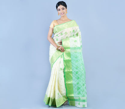 Tant Saree - White & Green - ArtisanSoul