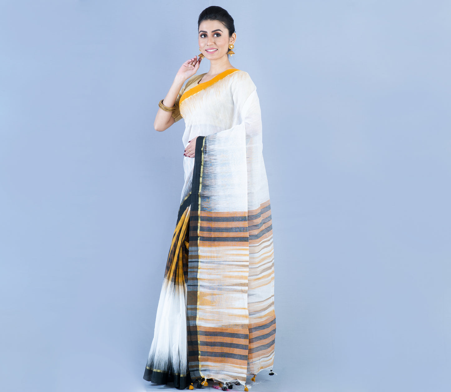 Handloom Ikkat Saree - Mastered Yellow and Black On White - ArtisanSoul