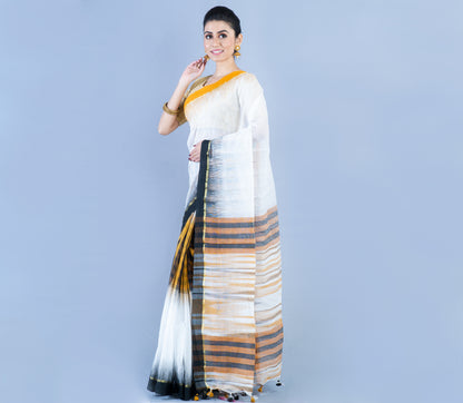 Handloom Ikkat Saree - Mastered Yellow and Black On White - ArtisanSoul
