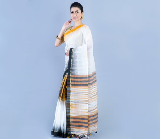 Handloom Ikkat Saree - Mastered Yellow and Black On White - ArtisanSoul