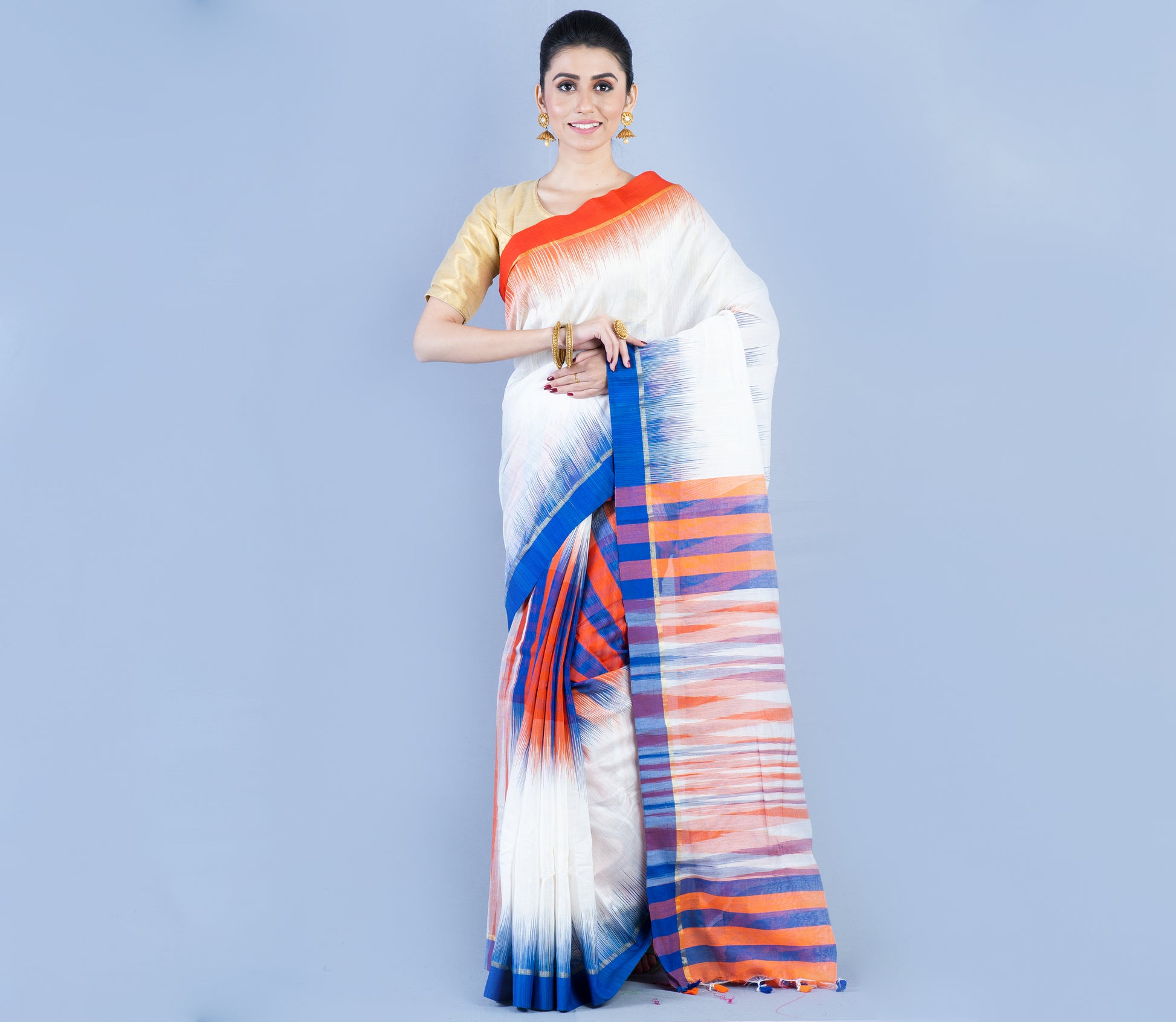 Handloom Ikkat - Orange & Blue On White - ArtisanSoul