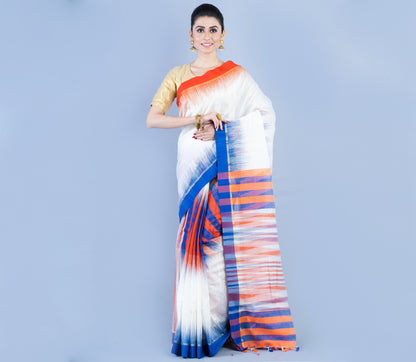 Handloom Ikkat - Orange & Blue On White - ArtisanSoul
