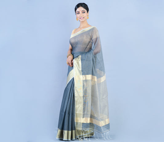 Handloom Saree from Nadia West Bengal - Steel Grey - ArtisanSoul