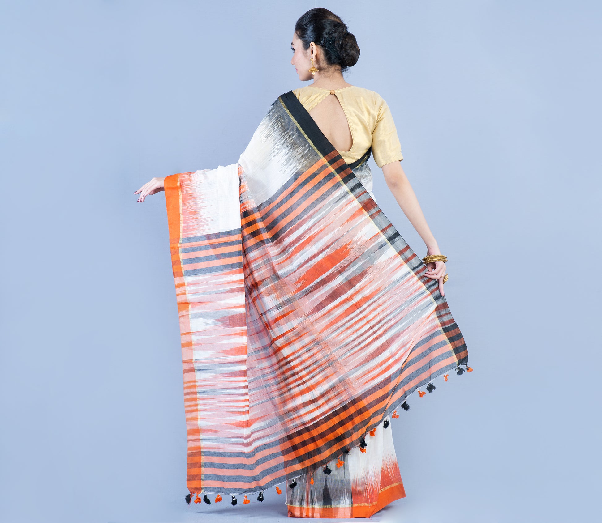 Handloom Ikkat Saree - Black & Orange On Silver - ArtisanSoul