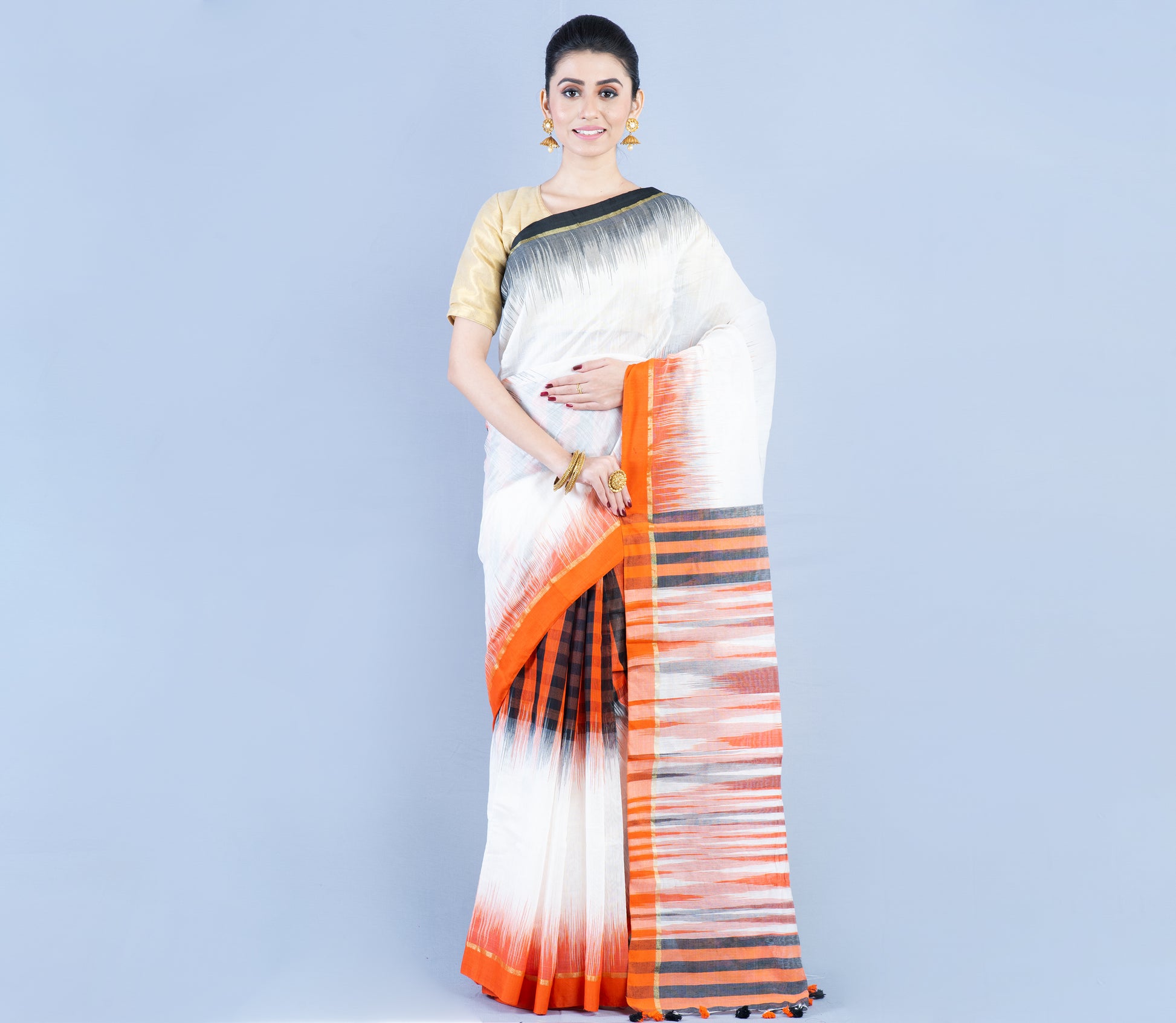Handloom Ikkat Saree - Black & Orange On Silver - ArtisanSoul