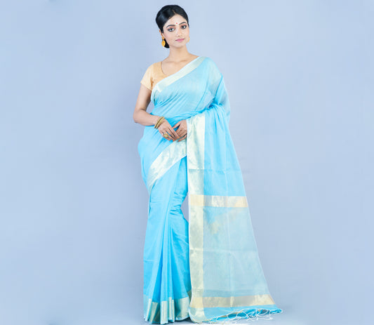 Handloom Saree from Nadia West Bengal - Cyan Blue - ArtisanSoul