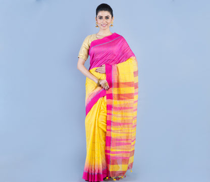 Handloom Silk Saree - Yellow & Purple - ArtisanSoul