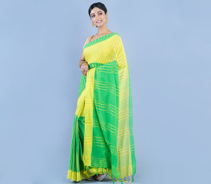 Handloom Cotton Saree - Yellow & Green - ArtisanSoul