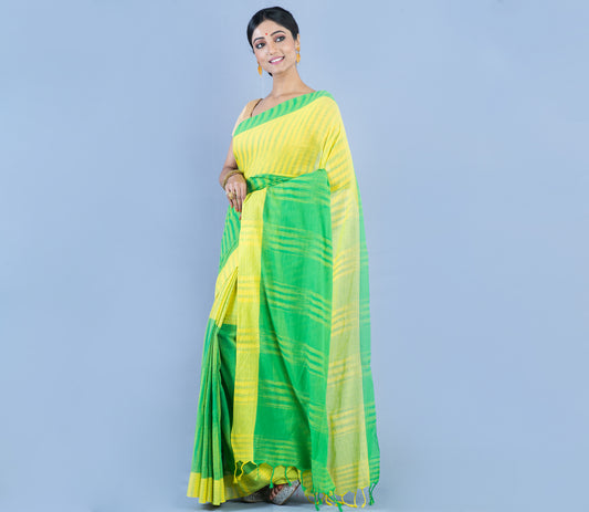 Handloom Cotton Saree - Yellow & Green - ArtisanSoul