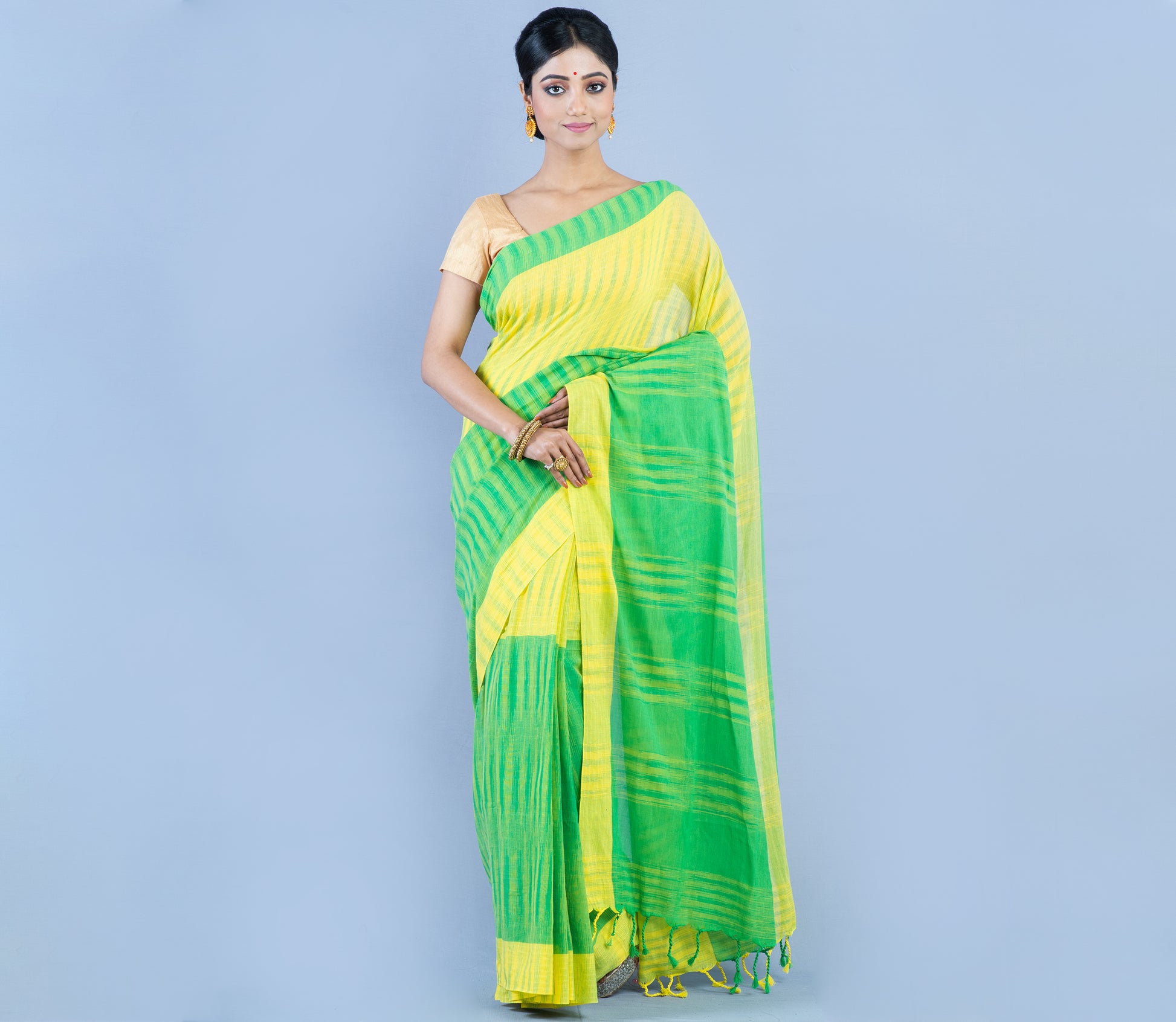 Handloom Cotton Saree - Yellow & Green - ArtisanSoul