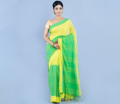 Handloom Cotton Saree - Yellow & Green - ArtisanSoul