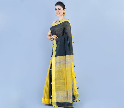 Handloom Patli Pallu Saree with Gheecha Design Anchal - Black & Yellow - ArtisanSoul