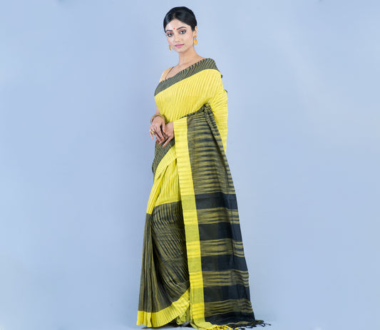 Handloom Cotton Saree - Black & Yellow - ArtisanSoul