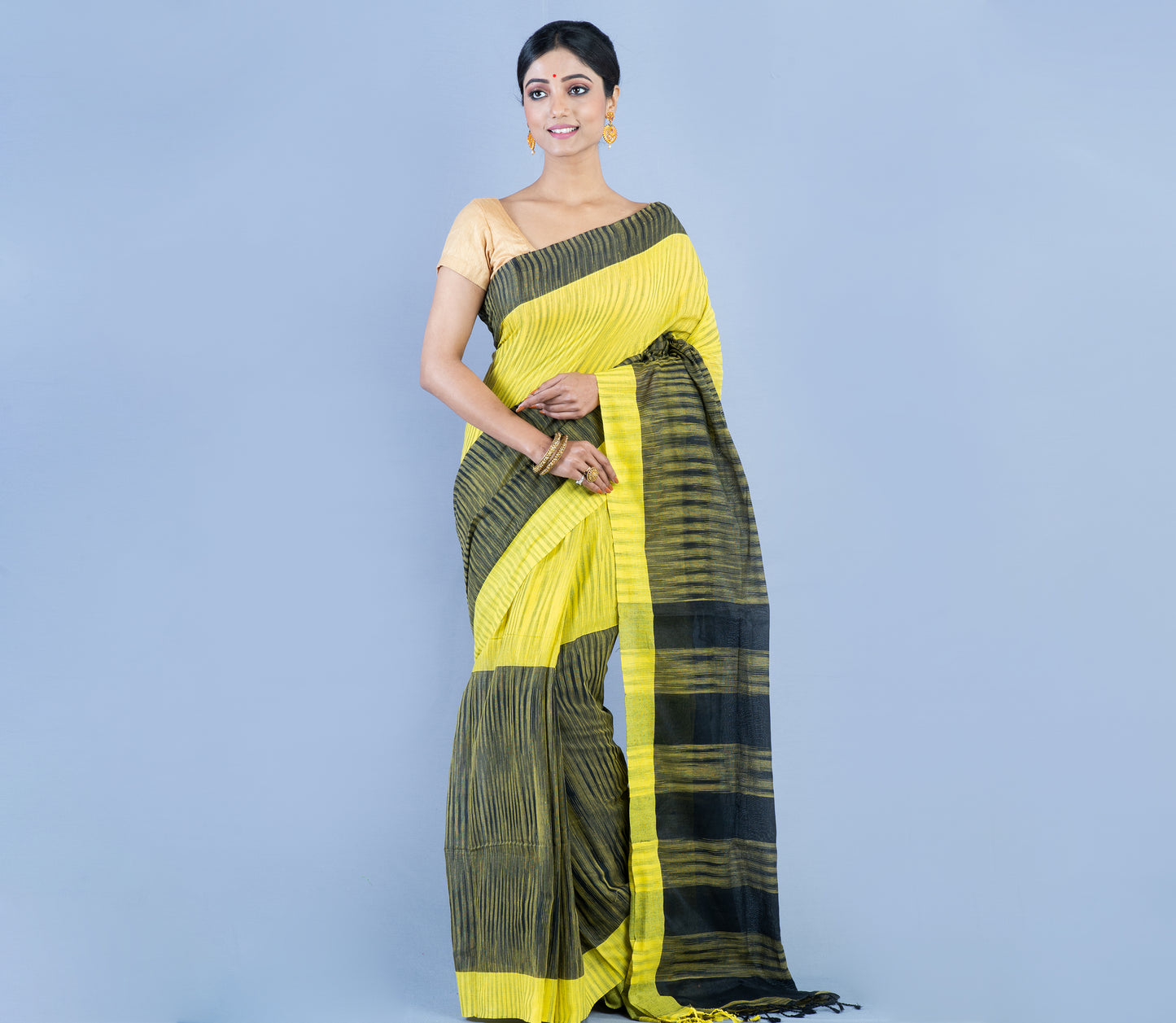 Handloom Cotton Saree - Black & Yellow - ArtisanSoul