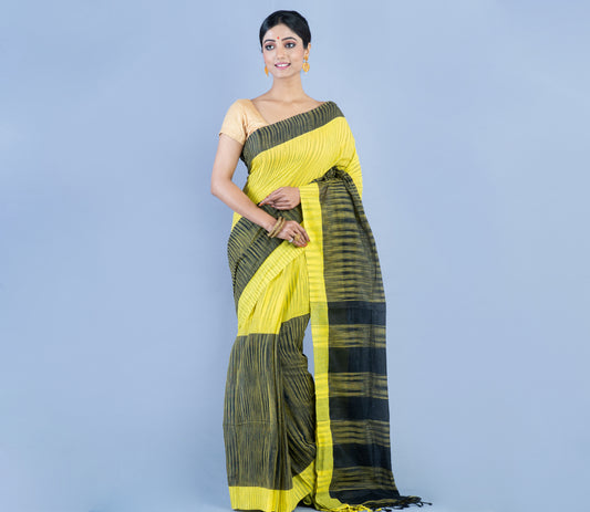 Handloom Cotton Saree - Black & Yellow - ArtisanSoul