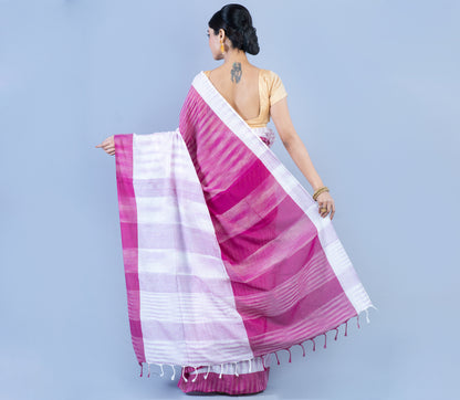 Handloom Cotton Saree - Purple & White - ArtisanSoul