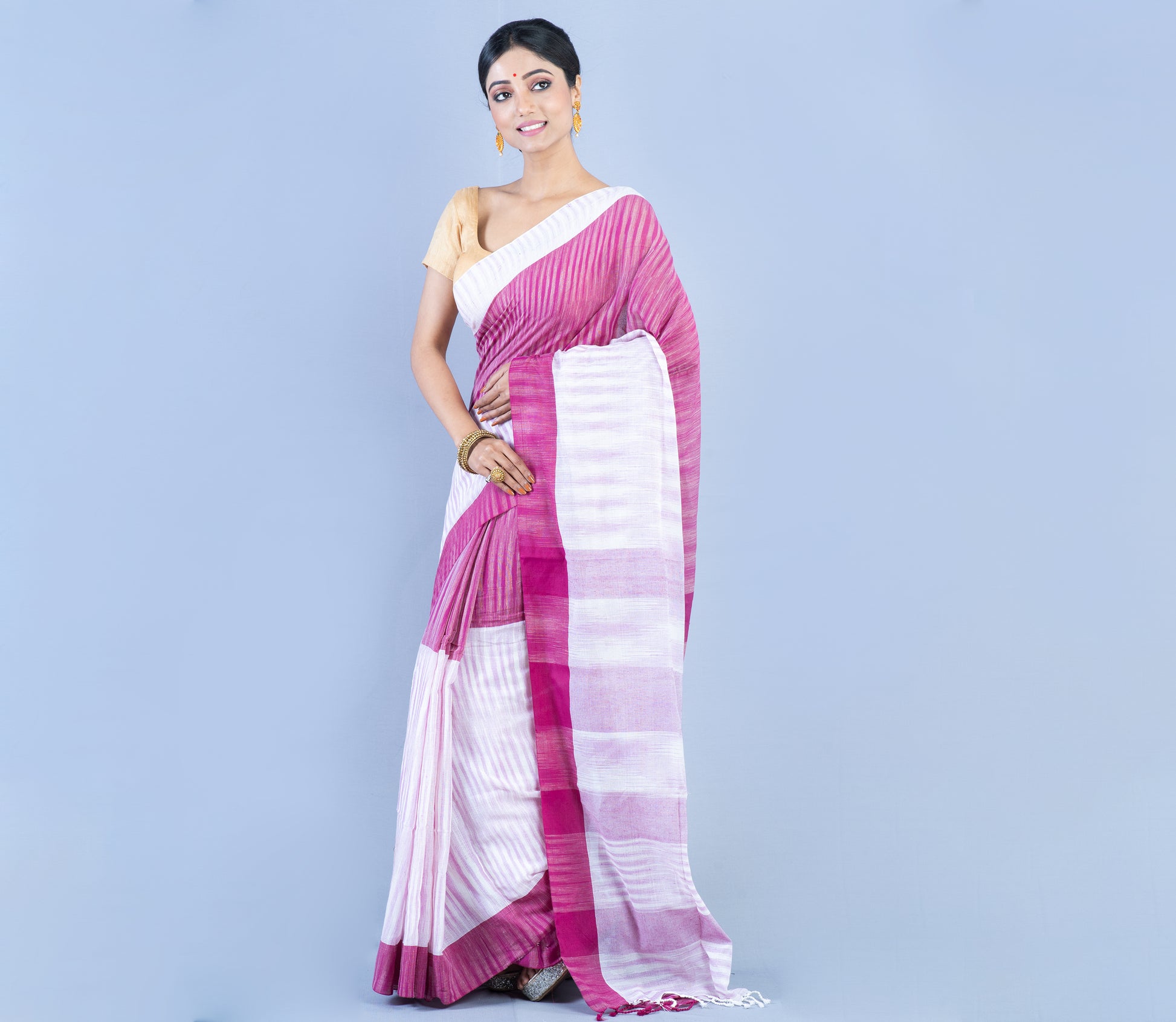 Handloom Cotton Saree - Purple & White - ArtisanSoul