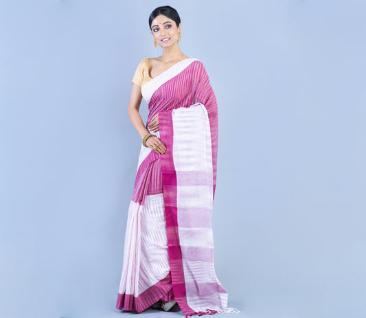 Handloom Cotton Saree - Purple & White - ArtisanSoul