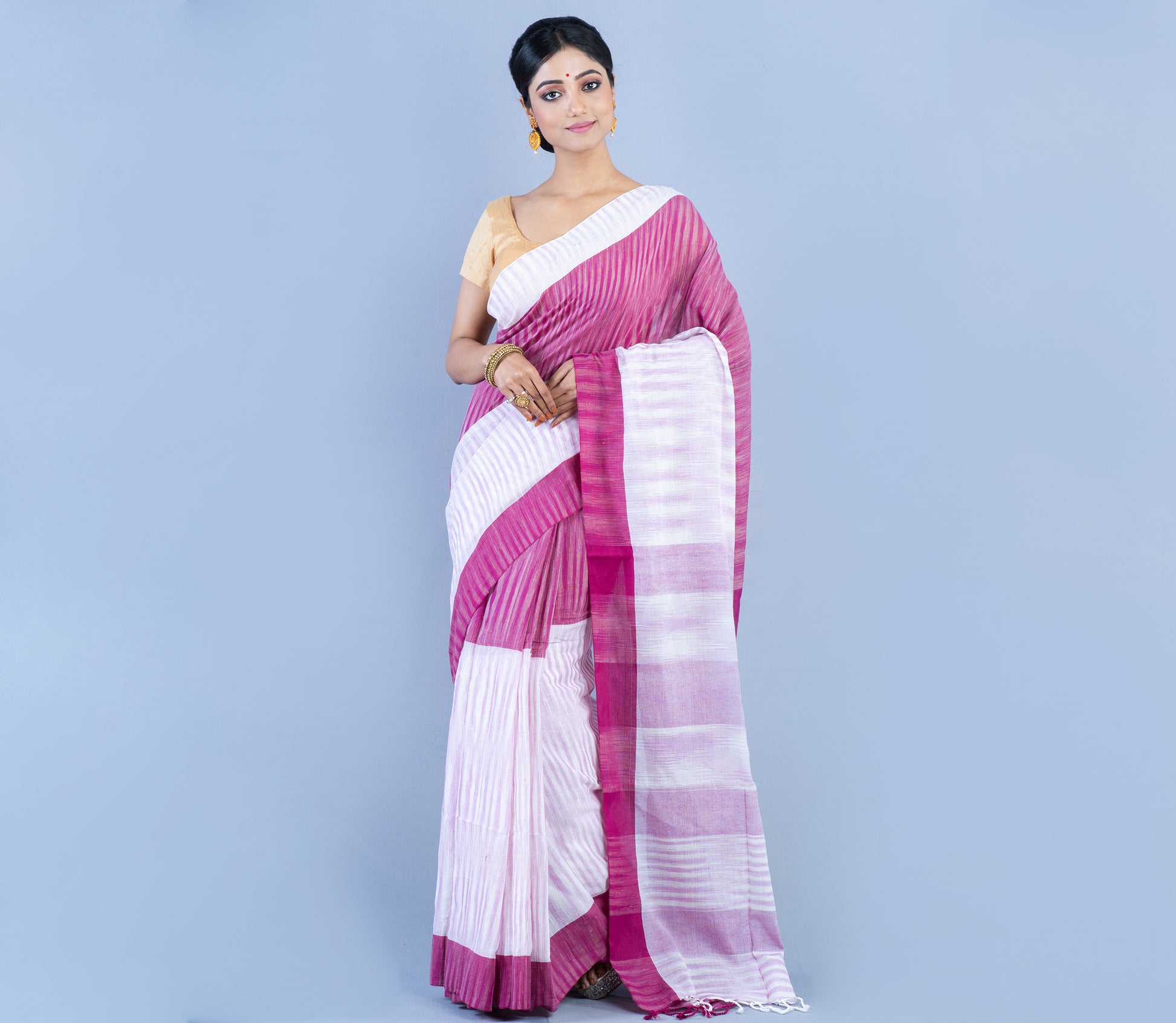 Handloom Cotton Saree - Purple & White - ArtisanSoul