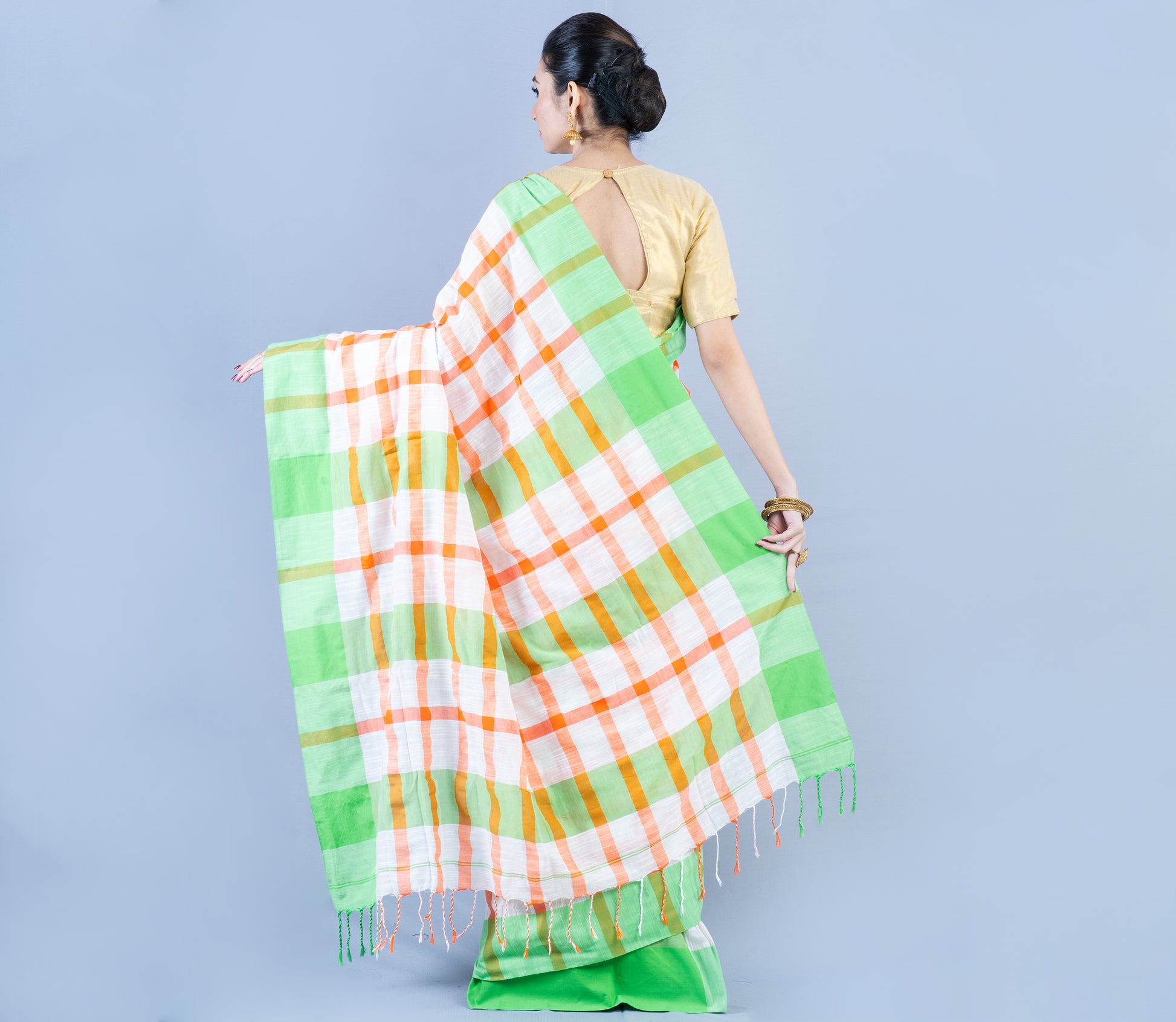Handloom Cotton Checkered Saree - Orange & Green on White - ArtisanSoul