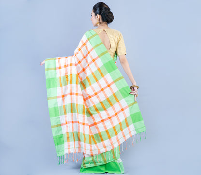 Handloom Cotton Checkered Saree - Orange & Green on White - ArtisanSoul