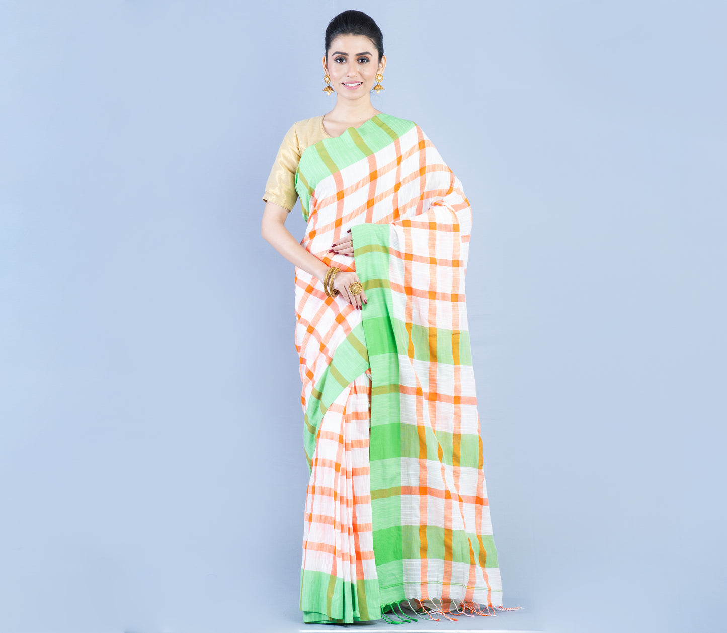 Handloom Cotton Checkered Saree - Orange & Green on White - ArtisanSoul