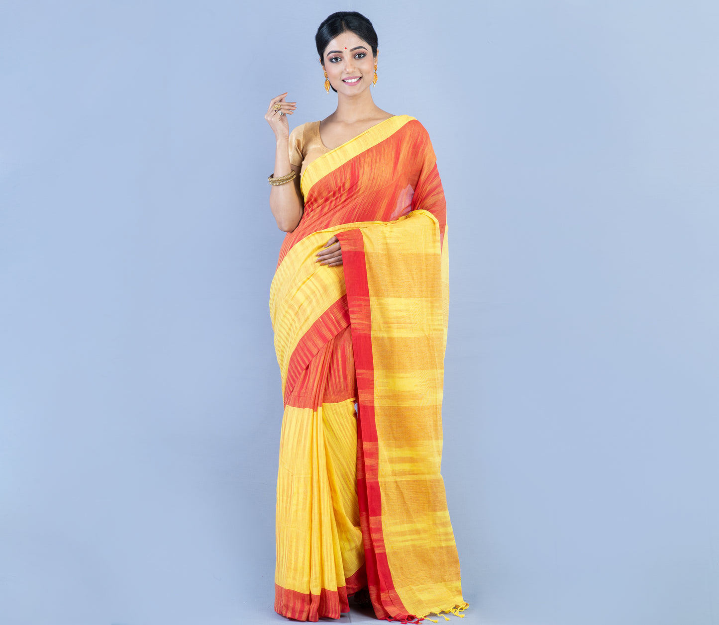 Handloom Cotton Saree - Yellow & Red - ArtisanSoul