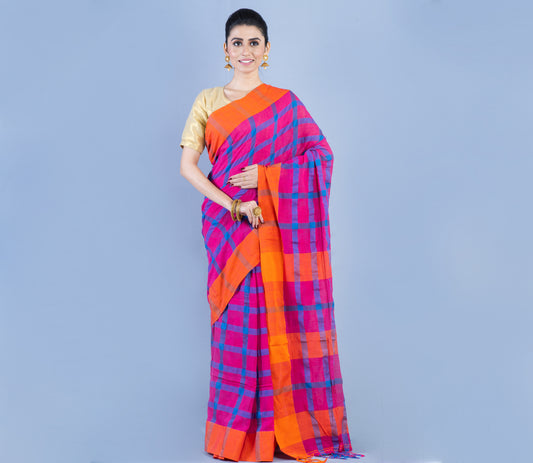 Handloom Cotton Checkered Saree - Orange & Blue On Pink - ArtisanSoul