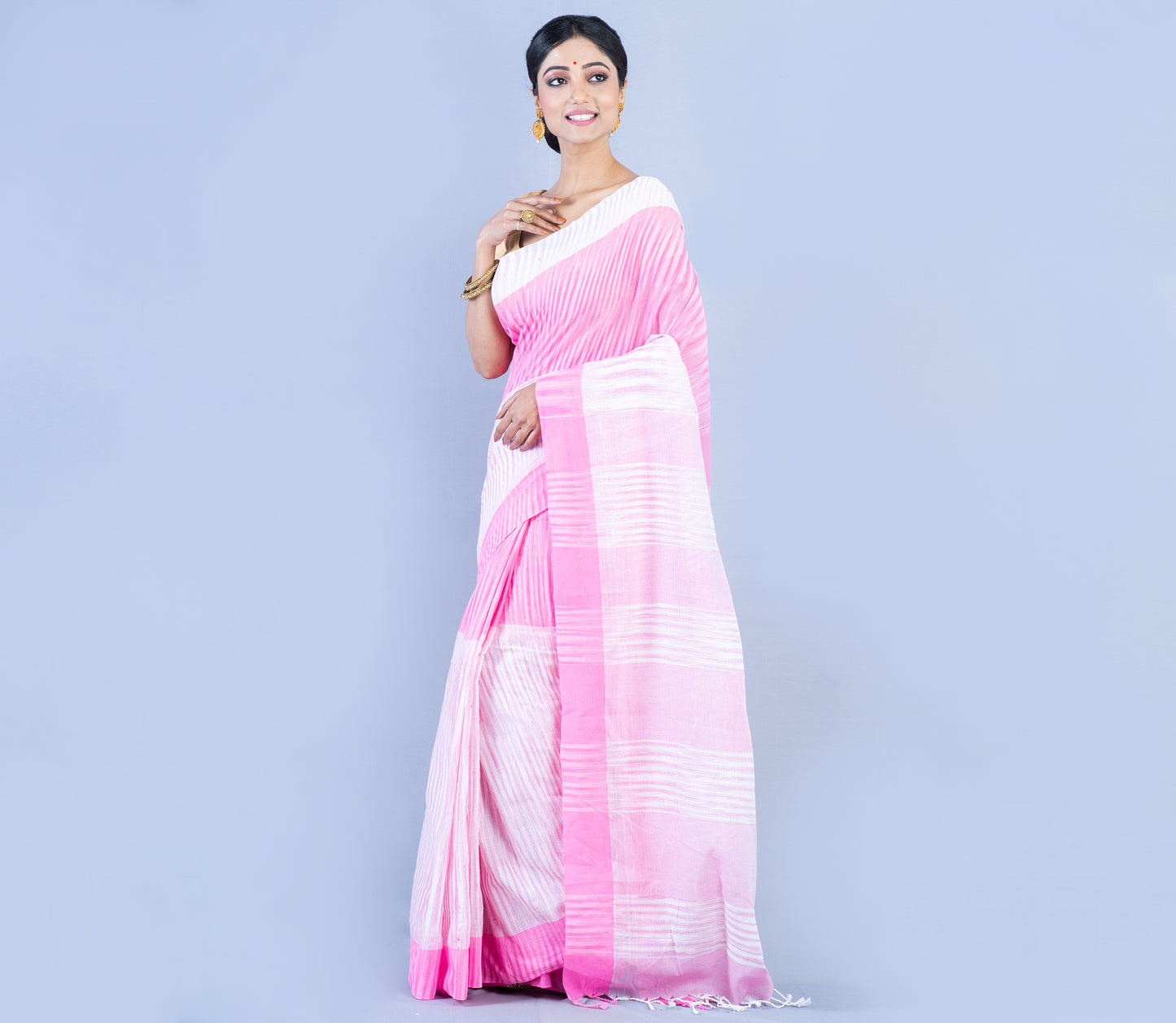 Handloom Cotton Saree - White & Pink - ArtisanSoul