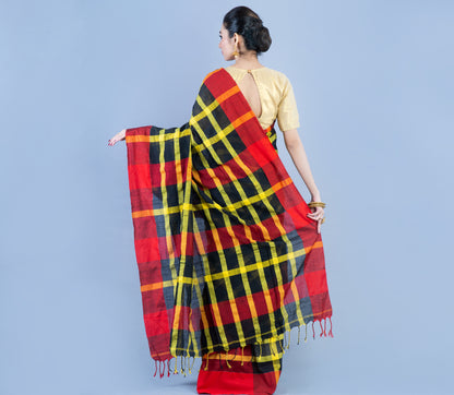 Handloom Cotton Checkered Saree - Red & Yellow On Black - ArtisanSoul