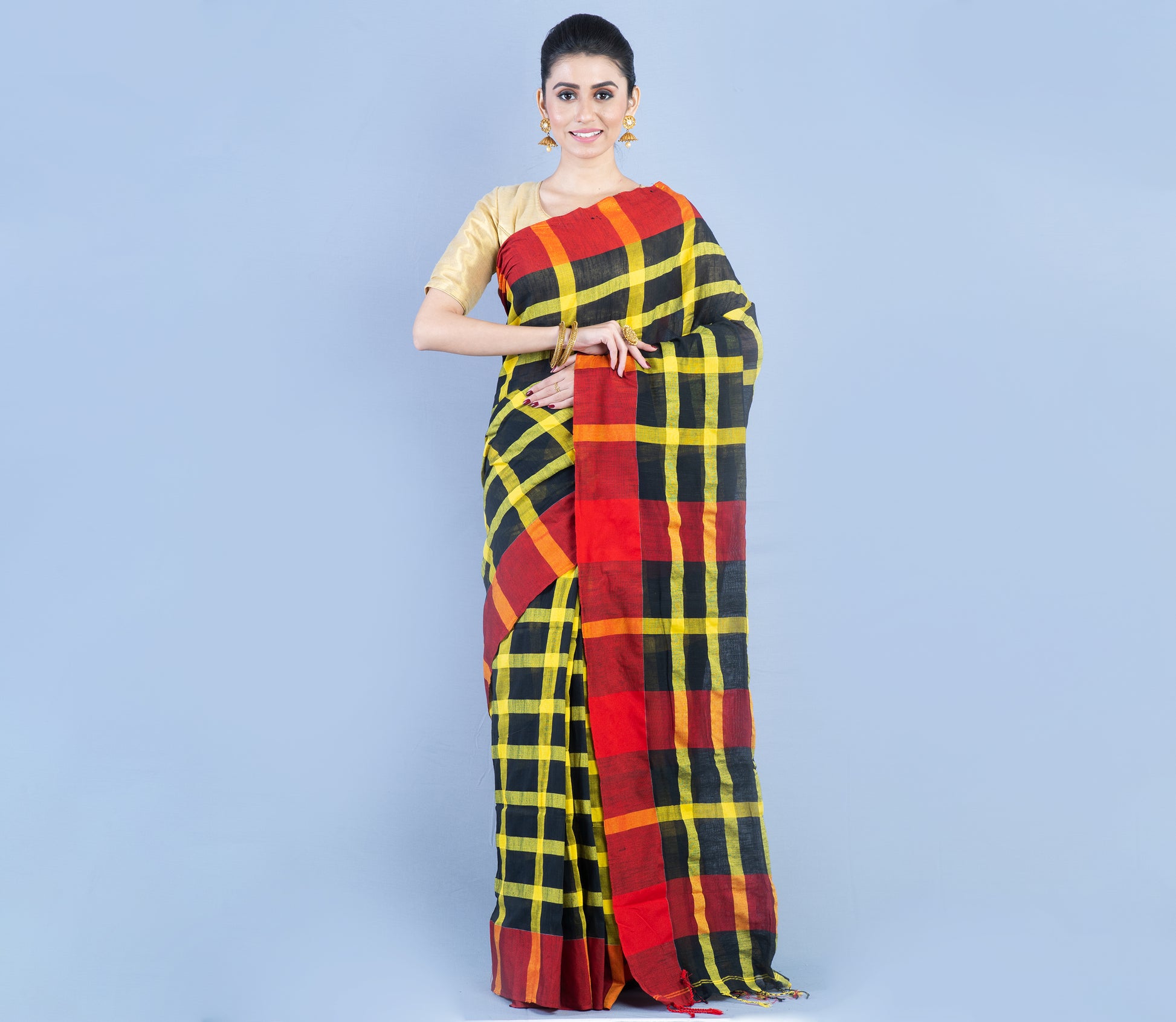Handloom Cotton Checkered Saree - Red & Yellow On Black - ArtisanSoul