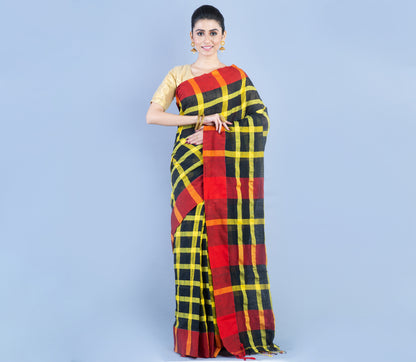 Handloom Cotton Checkered Saree - Red & Yellow On Black - ArtisanSoul