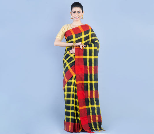 Handloom Cotton Checkered Saree - Red & Yellow On Black - ArtisanSoul