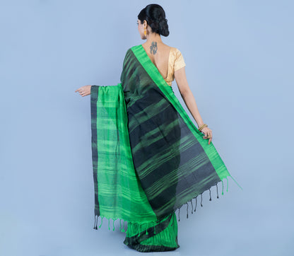 Handloom Cotton Saree - Black & Green - ArtisanSoul