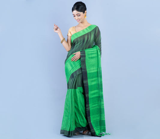 Handloom Cotton Saree - Black & Green - ArtisanSoul