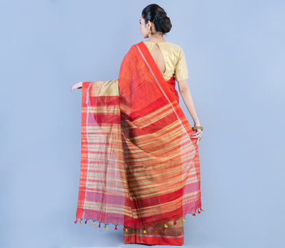 Handloom Silk Saree - Light Brown & Red - ArtisanSoul