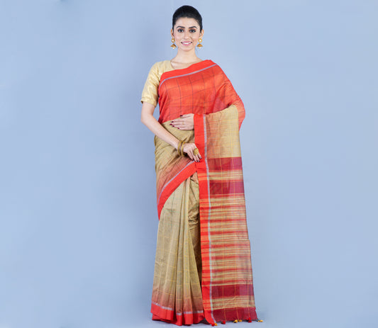 Handloom Silk Saree - Light Brown & Red - ArtisanSoul